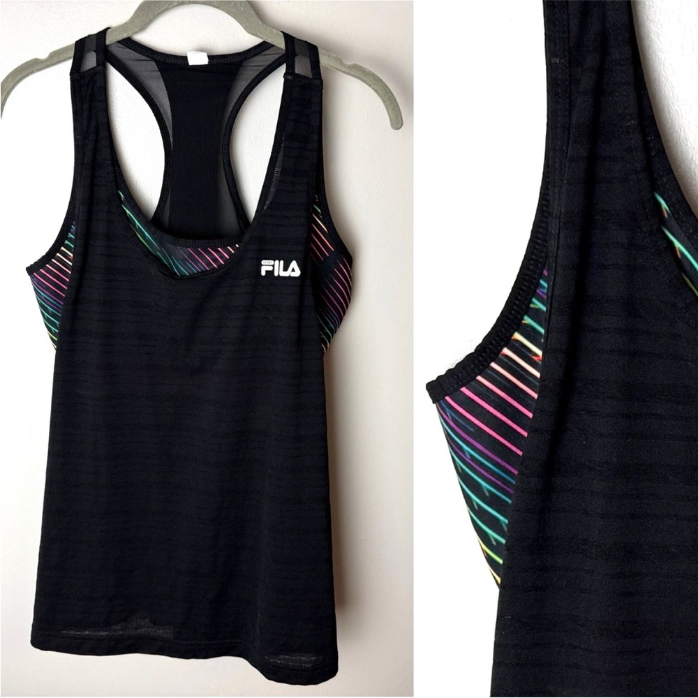 Fila Athletic Tank Top with Attached Sports Bra Size Large Black Multicolor